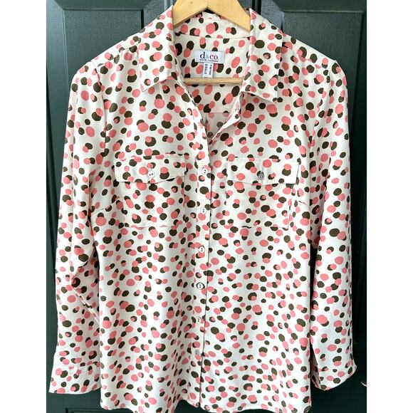 Denim & Co. Sz S Button Front Silky Pink Dot Button Front Blouse Career Office - Picture 1 of 6